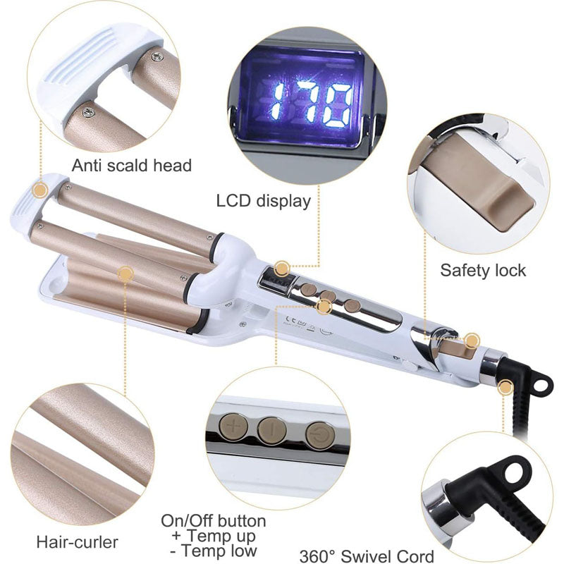 Ceramic Hair Crimper Iron Hair Waver 3 Barrel 0.6 inch / 16mm Professional Crimping Iron