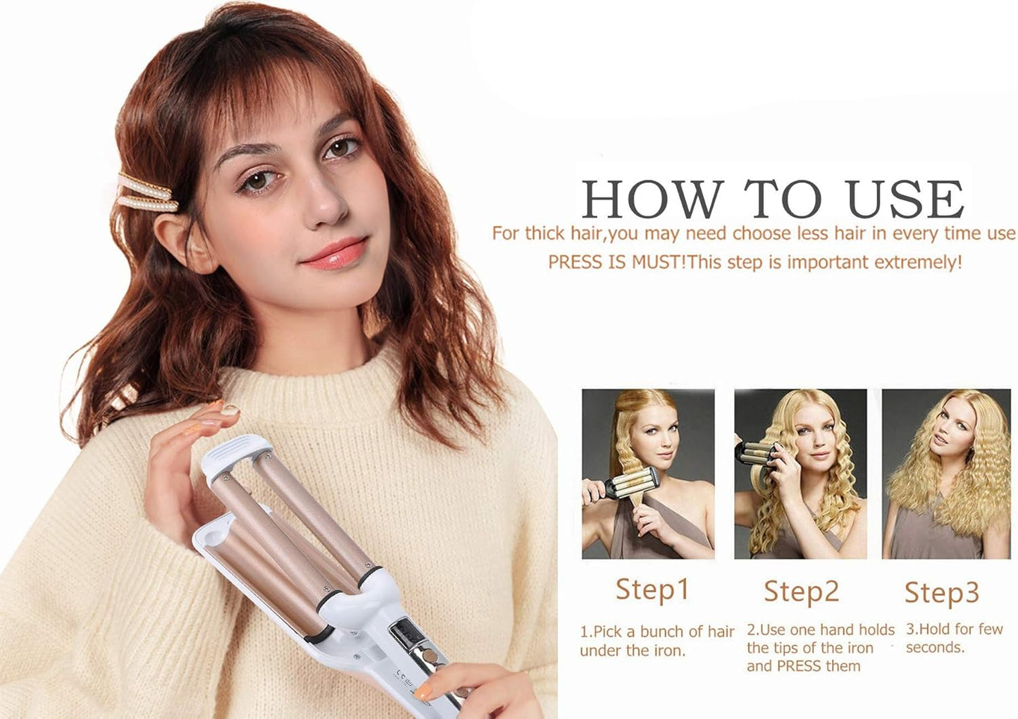 Ceramic Hair Crimper Iron Hair Waver 3 Barrel 0.6 inch / 16mm Professional Crimping Iron