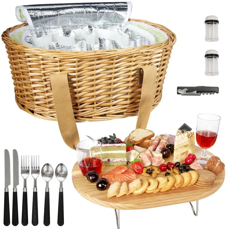 ?Limited Time 50% OFF?Hap tim insulated wicker picnic basket with foldable wine table and tableware service set