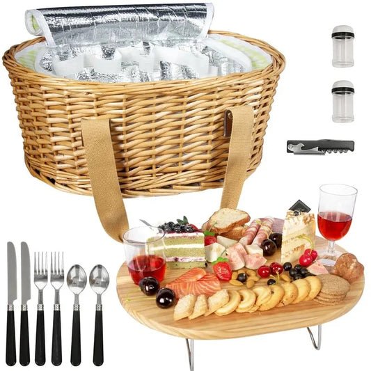 ?Limited Time 50% OFF?Hap tim insulated wicker picnic basket with foldable wine table and tableware service set