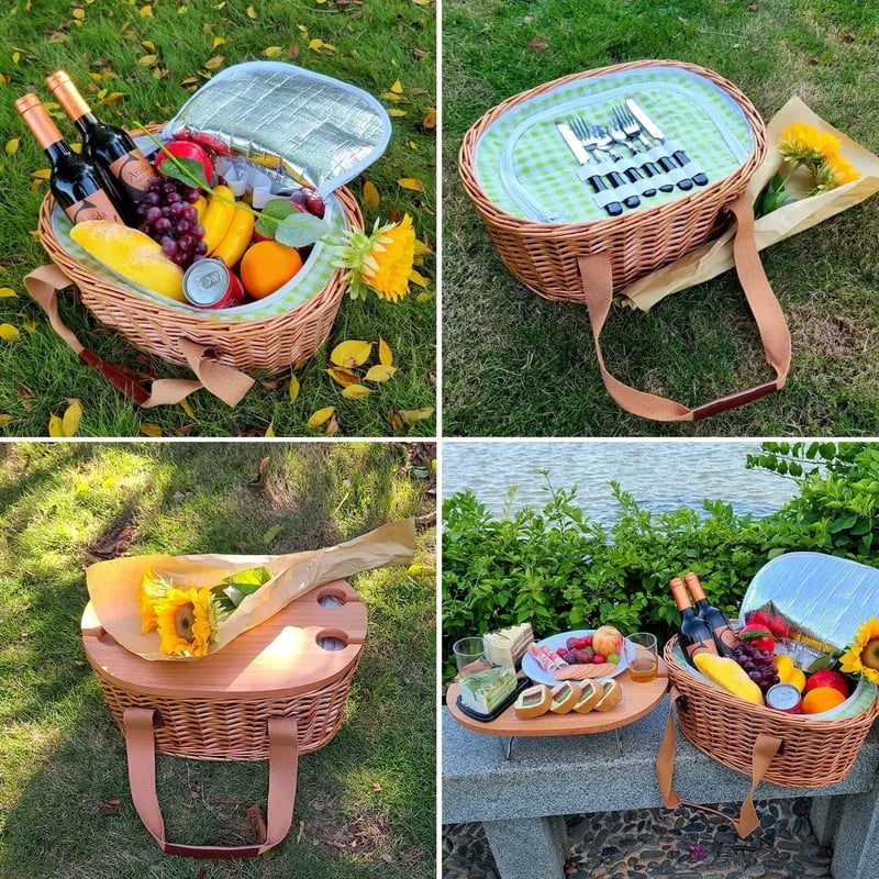?Limited Time 50% OFF?Hap tim insulated wicker picnic basket with foldable wine table and tableware service set